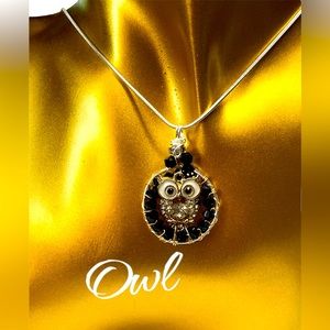 🦉crystal owl pendant in a wire frame with wire wrapping & Czech glass beads